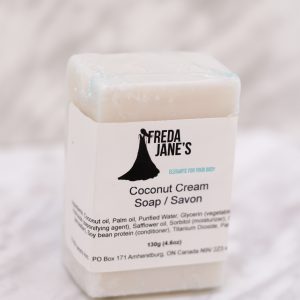 coconut cream soap in clear shrink wrap with label
