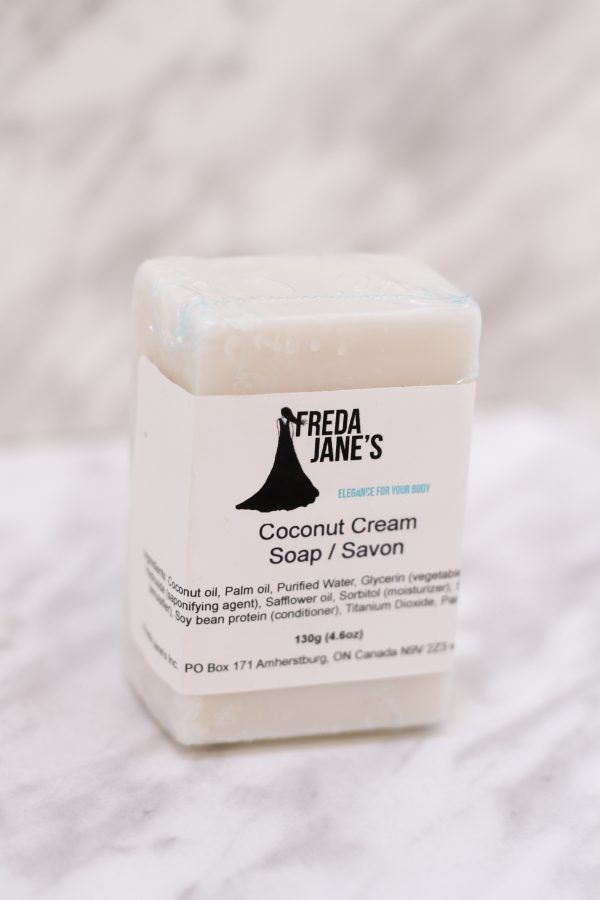 coconut cream soap in clear shrink wrap with label