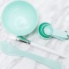 mint green colour face mask bowl set. small bowl 3 measuring spoons white brush and spatula
