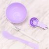 purple face mask bowl set. small bowl 3 measuring spoons white brush and spatula